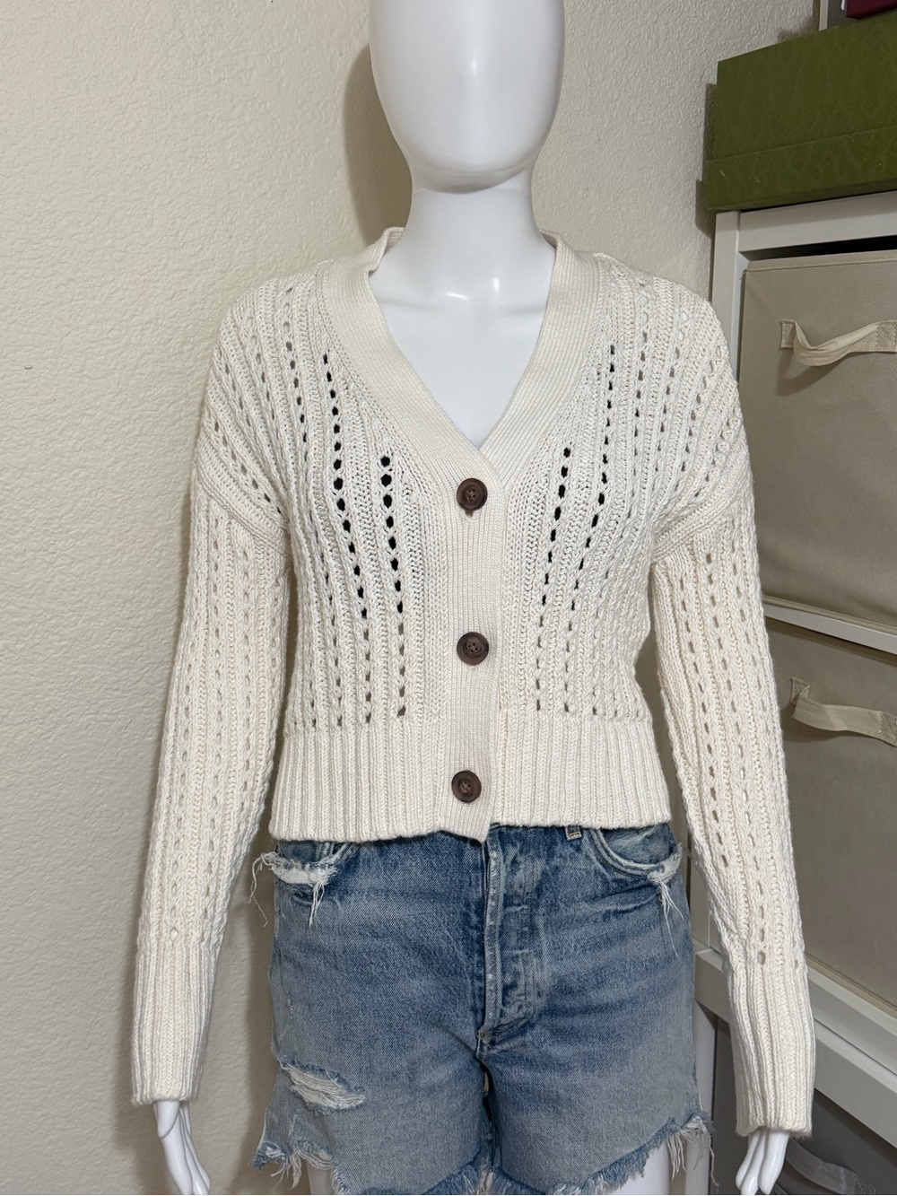 Abercrombie & Fitch Cream Open-Knit Button Cardigan XS